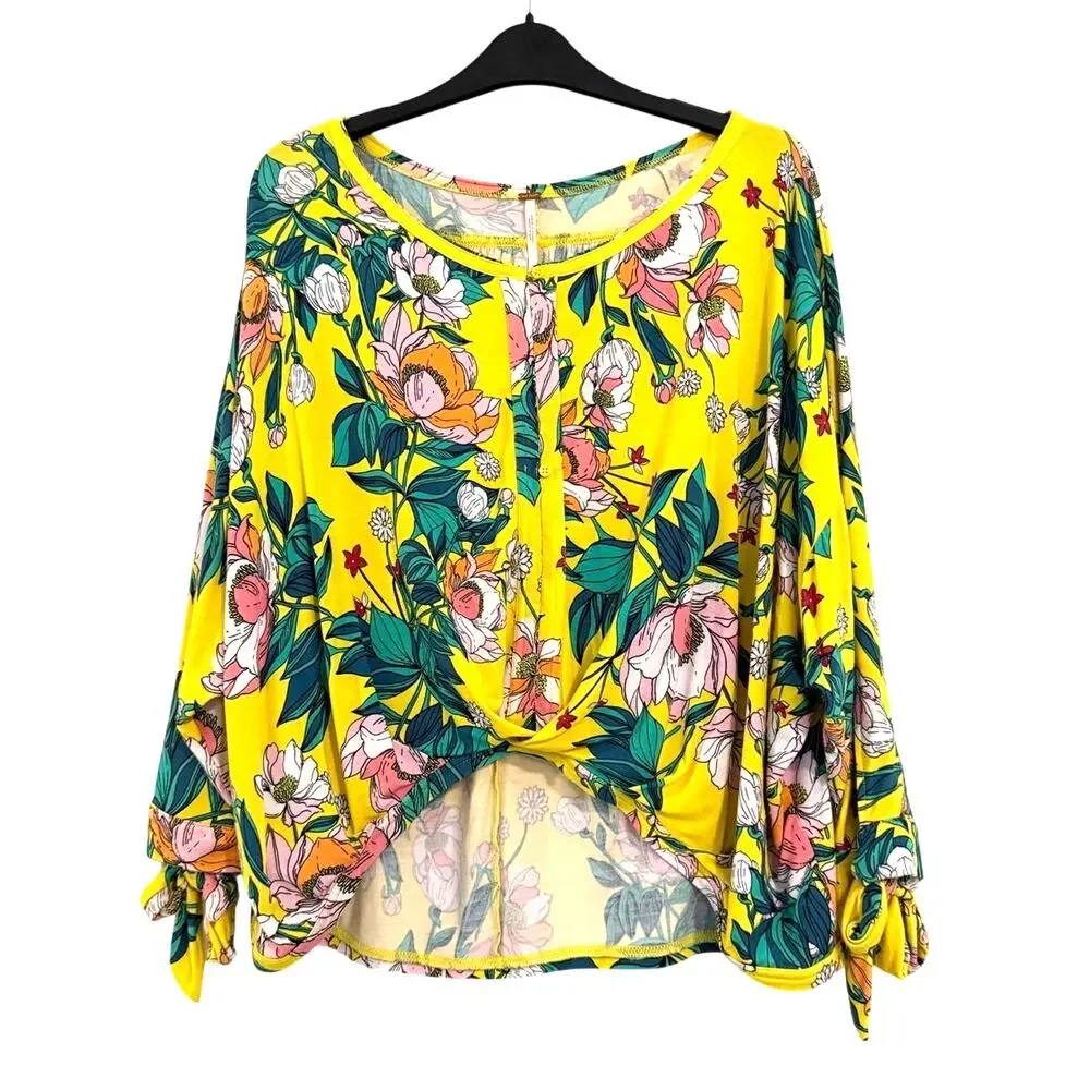 Free People Keepin’ On Peasant Top Floral Tie Sleeve Boho Blouse Yellow XS